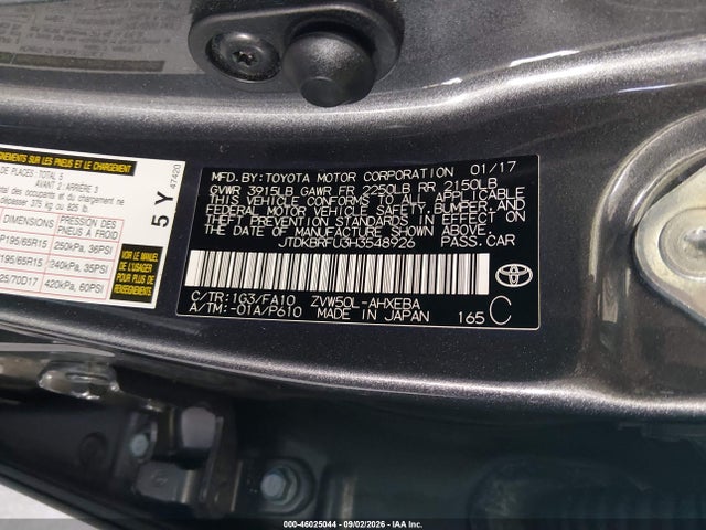 46025044 :رقم المزاد ، JTDKBRFU3H3548926 vin ، 2017 Toyota Prius Two مزاد بيع