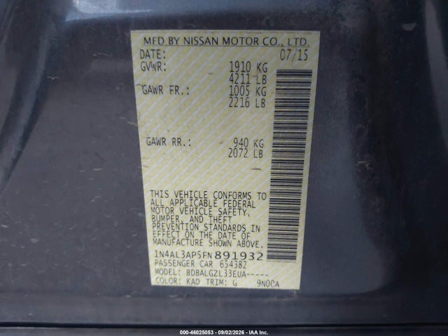 1N4AL3AP5FN891932 Nissan Altima 2.5/2.5 S/2.5 Sl/2.5 Sv