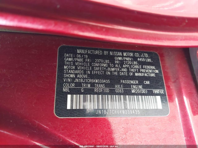 Продажа на аукционе авто 2019 Nissan Rogue Sport S, vin: JN1BJ1CR6KW339435, номер лота: 46025061