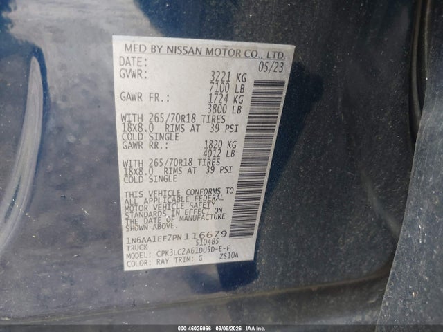2023 Nissan Titan Sv 4x2 მანქანა იყიდება აუქციონზე, vin: 1N6AA1EF7PN116679, აუქციონის ნომერი: 46025066