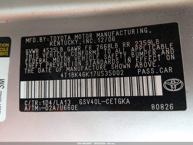 Продаж на аукціоні авто 2007 Toyota Camry Xle V6, vin: 4T1BK46K17U535002, номер лоту: 46025067