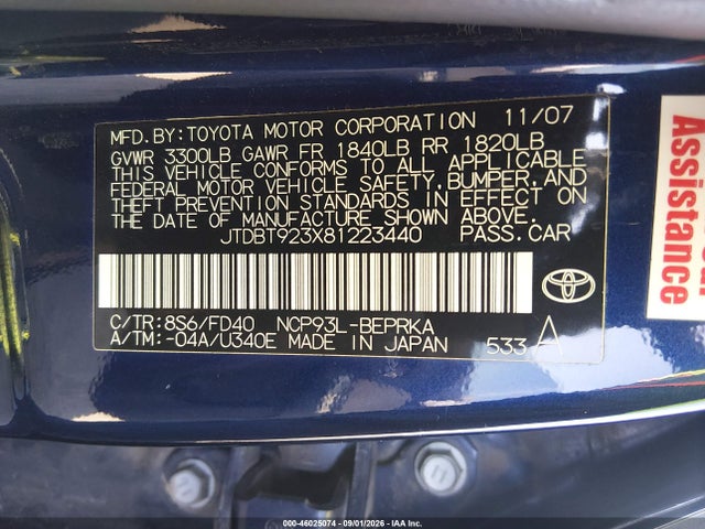 2008 Toyota Yaris მანქანა იყიდება აუქციონზე, vin: JTDBT923X81223440, აუქციონის ნომერი: 46025074