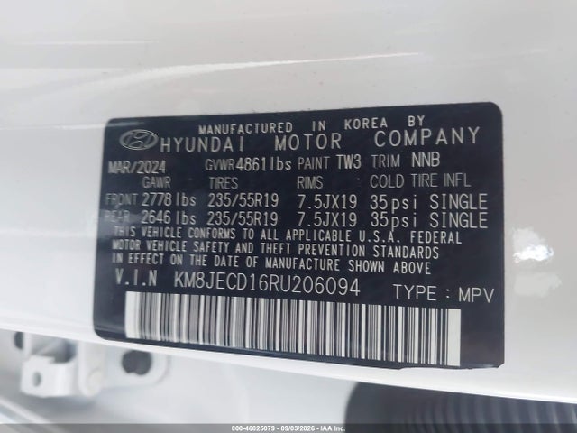 Продажа на аукционе авто 2024 Hyundai Tucson Hybrid Limited, vin: KM8JECD16RU206094, номер лота: 46025079