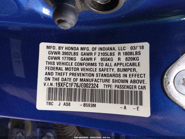 Продаж на аукціоні авто 2018 Honda Civic Ex-l, vin: 19XFC1F76JE002324, номер лоту: 46025080