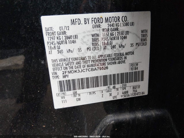 46025084 :رقم المزاد ، 2FMDK3JC7CBA79526 vin ، 2012 Ford Edge Sel مزاد بيع