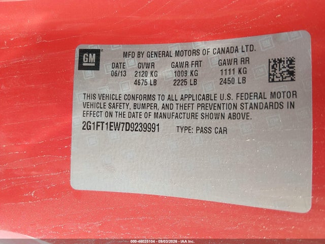 46025104 :رقم المزاد ، 2G1FT1EW7D9239991 vin ، 2013 Chevrolet Camaro 2ss مزاد بيع