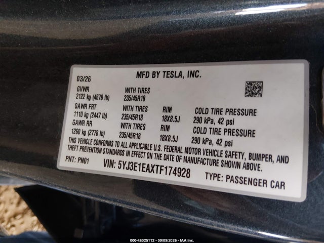 Aukcja sprzedaży 2026 Tesla Model 3 Premium Rear-wheel Drive/rear-wheel Drive, vin: 5YJ3E1EAXTF174928, numer aukcji: 46025112