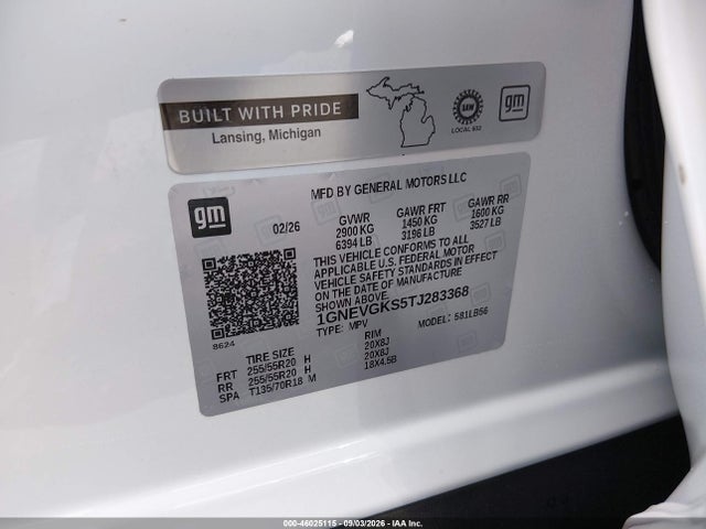 Продаж на аукціоні авто 2026 Chevrolet Traverse Awd Lt, vin: 1GNEVGKS5TJ283368, номер лоту: 46025115
