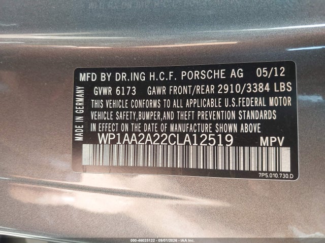 46025122 :رقم المزاد ، WP1AA2A22CLA12519 vin ، 2012 Porsche Cayenne مزاد بيع