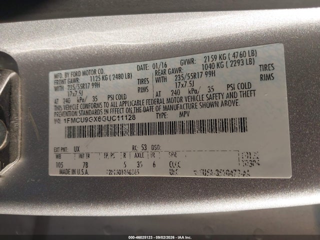 46025123 :رقم المزاد ، 1FMCU9GX6GUC11128 vin ، 2016 Ford Escape Se مزاد بيع