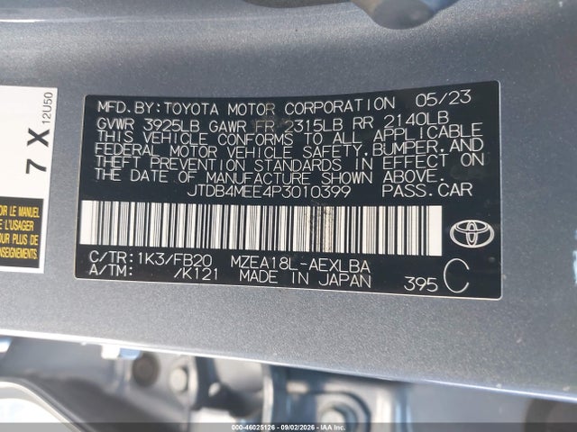 Aukcja sprzedaży 2023 Toyota Corolla Le, vin: JTDB4MEE4P3010399, numer aukcji: 46025126