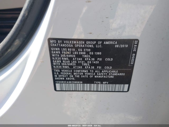 46025133 :رقم المزاد ، 1V2XR2CA3KC595639 vin ، 2019 Volkswagen Atlas 3.6l V6 Se W/technology R-line مزاد بيع