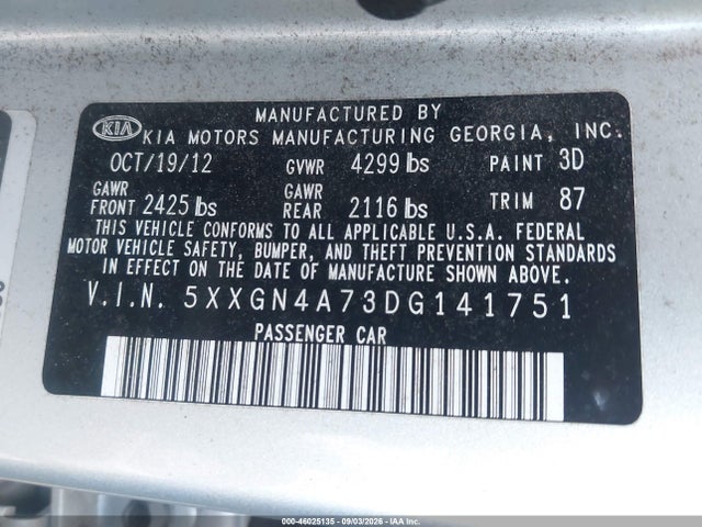2013 Kia Optima Ex მანქანა იყიდება აუქციონზე, vin: 5XXGN4A73DG141751, აუქციონის ნომერი: 46025135