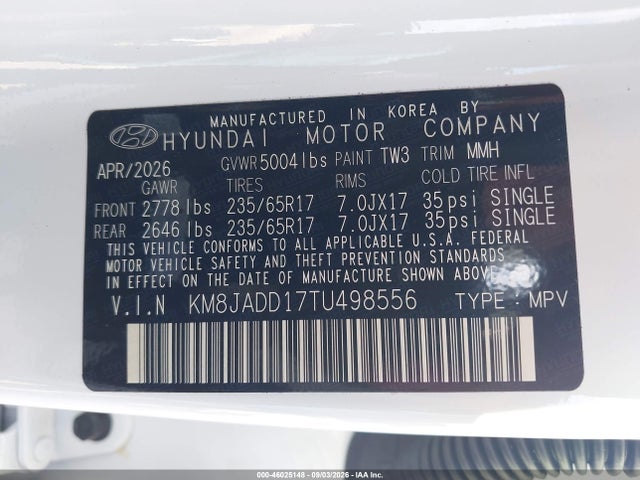 Продажа на аукционе авто 2026 Hyundai Tucson Hybrid Blue Se, vin: KM8JADD17TU498556, номер лота: 46025148