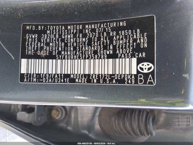 46025150 :رقم المزاد ، 5YFBURHE5FP358789 vin ، 2015 Toyota Corolla L مزاد بيع