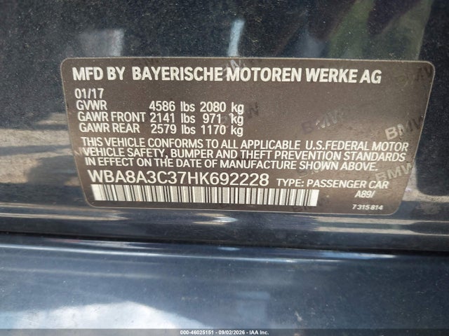 Aukcja sprzedaży 2017 Bmw 320i Xdrive, vin: WBA8A3C37HK692228, numer aukcji: 46025151