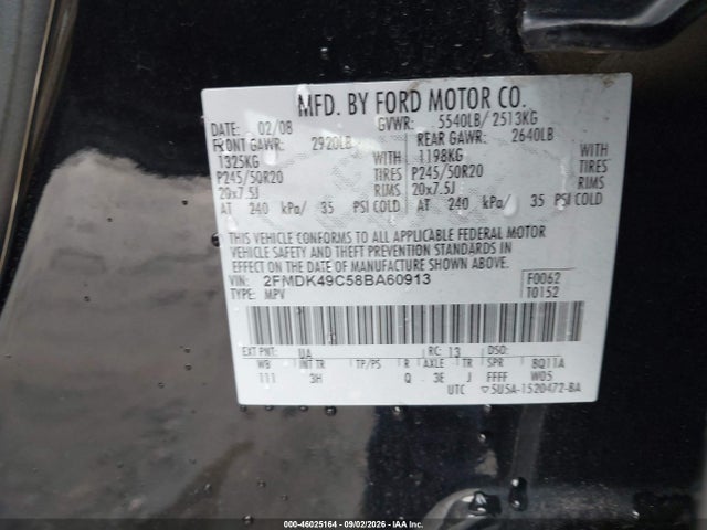 2008 Ford Edge Limited მანქანა იყიდება აუქციონზე, vin: 2FMDK49C58BA60913, აუქციონის ნომერი: 46025164