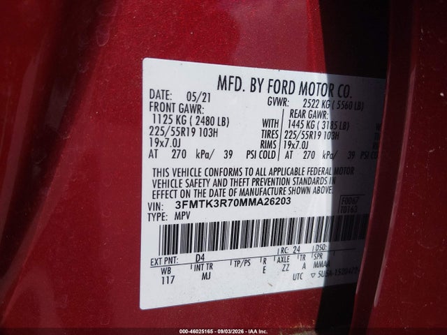 Продаж на аукціоні авто 2021 Ford Mustang Mach-e Premium, vin: 3FMTK3R70MMA26203, номер лоту: 46025165