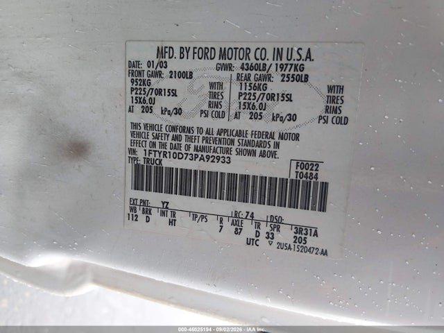 Продаж на аукціоні авто 2003 Ford Ranger Xl/xlt, vin: 1FTYR10D73PA92933, номер лоту: 46025194