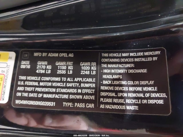Продаж на аукціоні авто 2017 Buick Cascada Premium, vin: W04WH3N50HG020531, номер лоту: 46025209