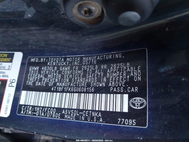 Aukcja sprzedaży 2016 Toyota Camry Le, vin: 4T1BF1FK6GU608156, numer aukcji: 46025211