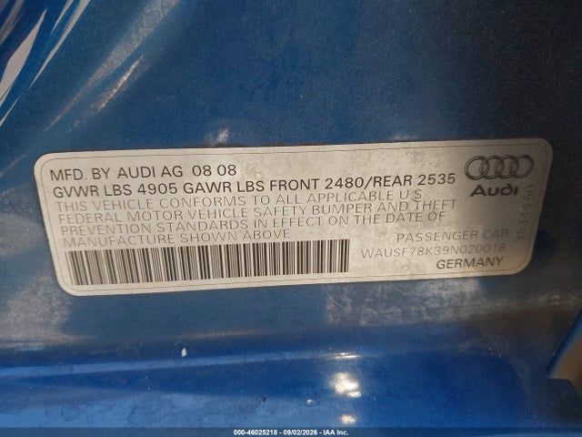 2009 Audi A4 2.0t Premium მანქანა იყიდება აუქციონზე, vin: WAUSF78K39N020018, აუქციონის ნომერი: 46025218