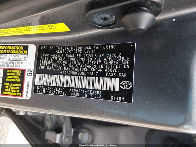 Продажа на аукционе авто 2018 Toyota Camry Hybrid Se, vin: 4T1B21HK2JU001817, номер лота: 46025226