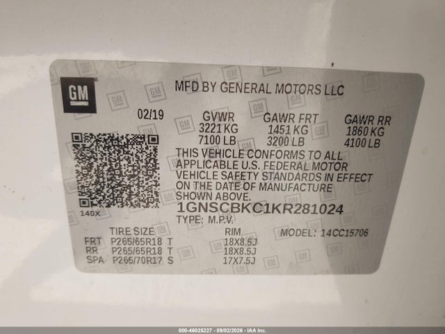 Продаж на аукціоні авто 2019 Chevrolet Tahoe Lt, vin: 1GNSCBKC1KR281024, номер лоту: 46025227