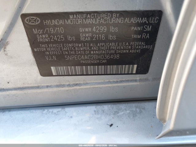2011 Hyundai Sonata Se მანქანა იყიდება აუქციონზე, vin: 5NPEC4AC2BH036498, აუქციონის ნომერი: 46025230