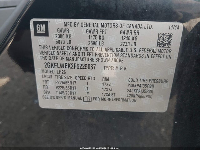 46025236 :رقم المزاد ، 2GKFLWEK2F6225037 vin ، 2015 Gmc Terrain Sle-2 مزاد بيع