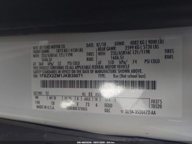Aukcja sprzedaży 2018 Ford Transit-350 Xl, vin: 1FBZX2ZM1JKB36071, numer aukcji: 46025246