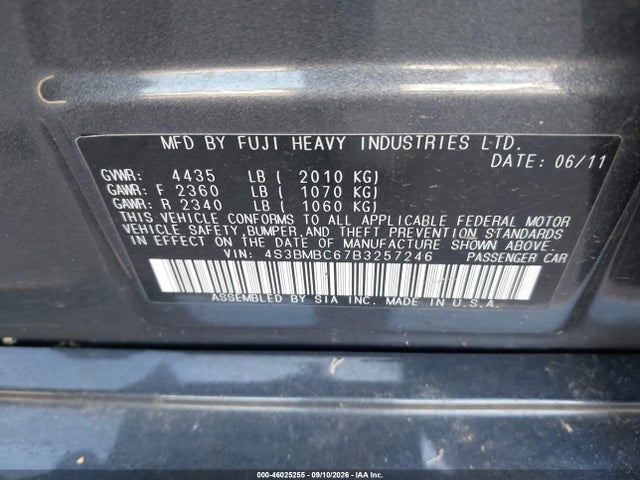 Aukcja sprzedaży 2011 Subaru Legacy 2.5i Premium, vin: 4S3BMBC67B3257246, numer aukcji: 46025255