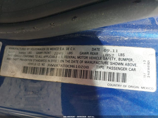 2012 Volkswagen Beetle Turbo მანქანა იყიდება აუქციონზე, vin: 3VWVA7AT0CM610208, აუქციონის ნომერი: 46025267