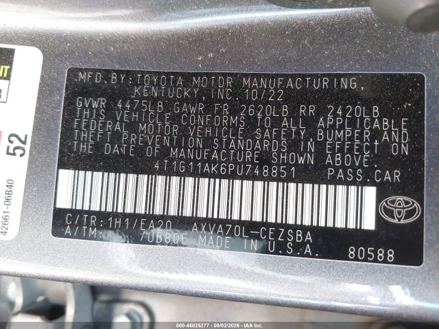 2023 Toyota Camry Se მანქანა იყიდება აუქციონზე, vin: 4T1G11AK6PU748851, აუქციონის ნომერი: 46025277