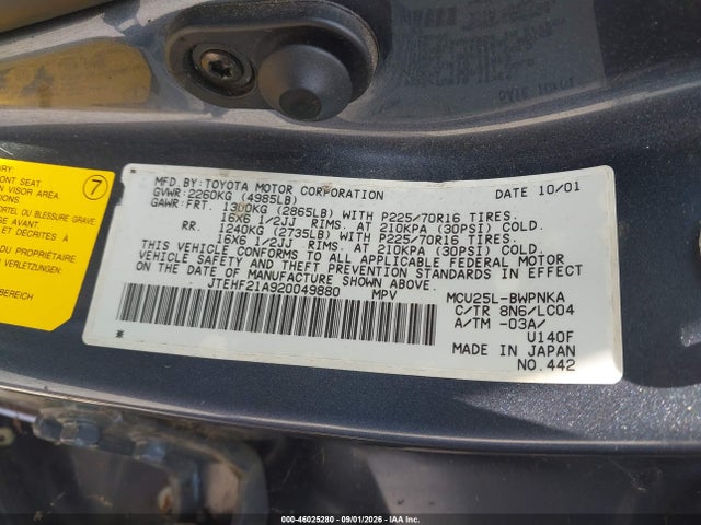 Продаж на аукціоні авто 2002 Toyota Highlander Limited V6, vin: JTEHF21A920049880, номер лоту: 46025280