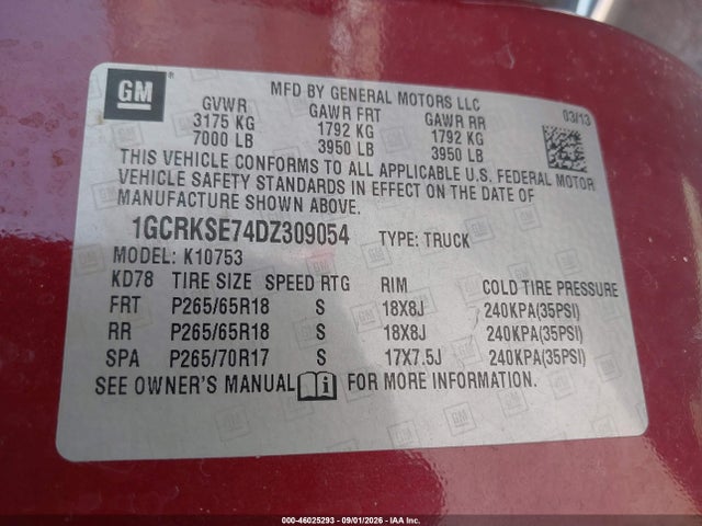 Продажа на аукционе авто 2013 Chevrolet Silverado 1500 Lt, vin: 1GCRKSE74DZ309054, номер лота: 46025293