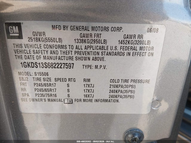 Aukcja sprzedaży 2008 Gmc Envoy Sle, vin: 1GKDS13S682227597, numer aukcji: 46025302