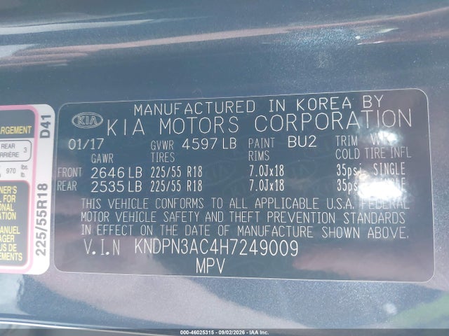 46025315 :رقم المزاد ، KNDPN3AC4H7249009 vin ، 2017 Kia Sportage Ex مزاد بيع