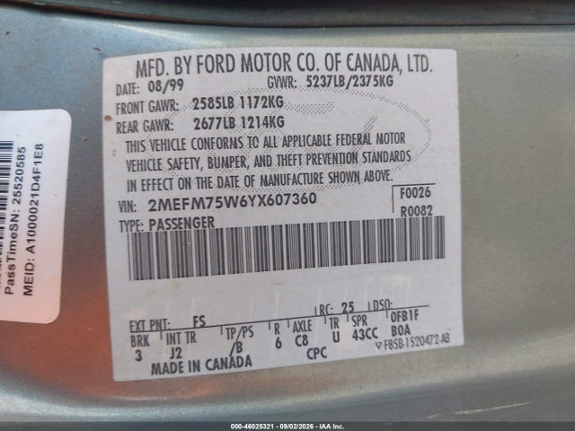 Продажа на аукционе авто 2000 Mercury Grand Marquis Ls, vin: 2MEFM75W6YX607360, номер лота: 46025321