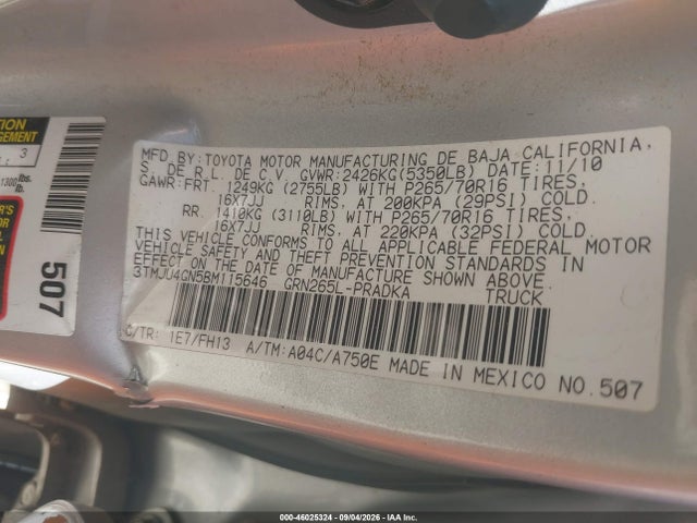 Aukcja sprzedaży 2011 Toyota Tacoma Prerunner V6, vin: 3TMJU4GN5BM115646, numer aukcji: 46025324