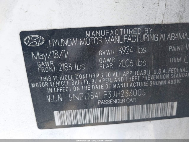 Aukcja sprzedaży 2018 Hyundai Elantra Sel, vin: 5NPD84LF3JH233005, numer aukcji: 46025326