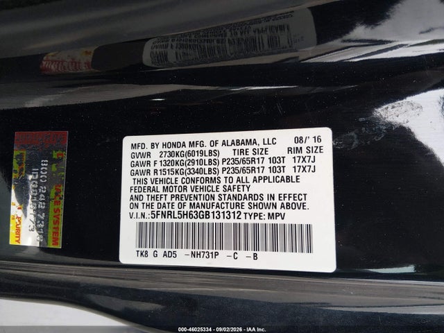 46025334 :رقم المزاد ، 5FNRL5H63GB131312 vin ، 2016 Honda Odyssey Ex-l مزاد بيع