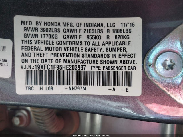 Продажа на аукционе авто 2017 Honda Civic Touring, vin: 19XFC1F95HE203997, номер лота: 46025350