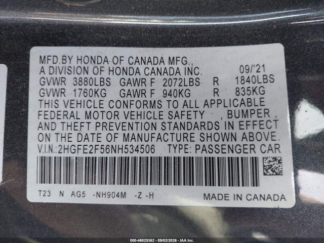 46025362 :رقم المزاد ، 2HGFE2F56NH534506 vin ، 2022 Honda Civic Sport مزاد بيع