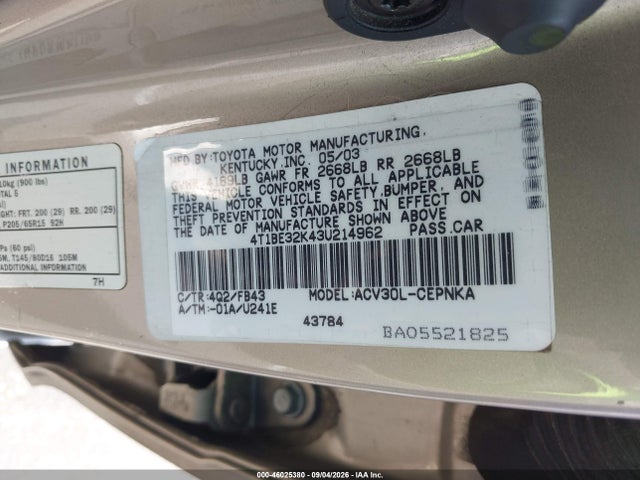 46025380 :رقم المزاد ، 4T1BE32K43U214962 vin ، 2003 Toyota Camry Le مزاد بيع