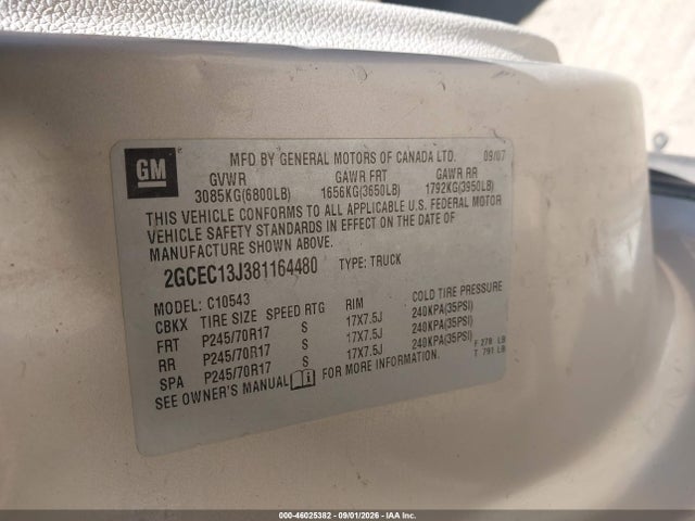 46025382 :رقم المزاد ، 2gcec13j381164480 vin ، 2008 Chevrolet Silverado 1500 Lt2 مزاد بيع