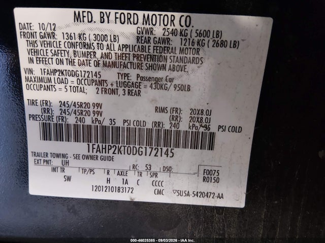 Aukcja sprzedaży 2013 Ford Taurus Sho, vin: 1FAHP2KT0DG172145, numer aukcji: 46025385