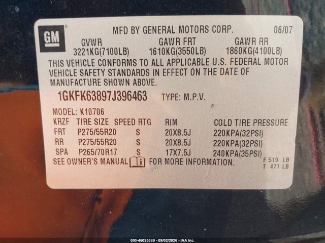 Auction sale of the 2007 Gmc Yukon Denali, vin: 1GKFK63897J396463, lot number: 46025389
