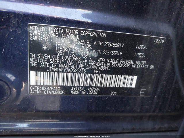 Toyota Rav4 Limited 2019 JTMN1RFV7KD522615 Image 9