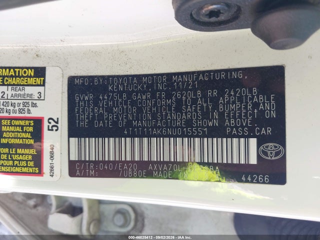 46025412 :رقم المزاد ، 4T1T11AK6NU015551 vin ، 2022 Toyota Camry Se مزاد بيع